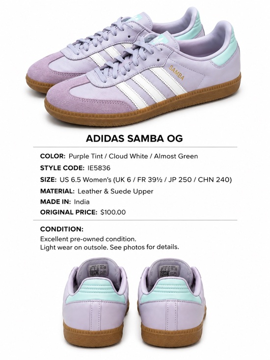 adidas Shoes - LIKE NEW: Adidas Lavender/Turquoise Samba OG Women's Sneakers